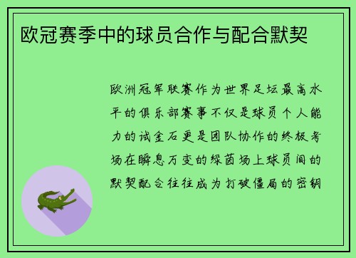 欧冠赛季中的球员合作与配合默契