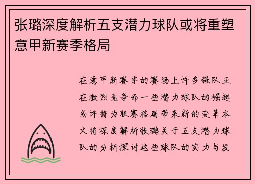 张璐深度解析五支潜力球队或将重塑意甲新赛季格局