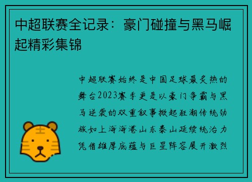 中超联赛全记录：豪门碰撞与黑马崛起精彩集锦